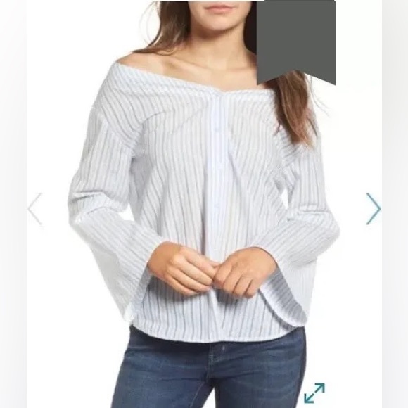 Off the Shoulder Striped Button Up - Picture 1 of 5